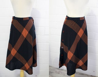 1980s Wool Skirt, Navy Blue and Brown Plaid A-line Skirt, Button Up Sides, High Waisted, Waisted 28 in.