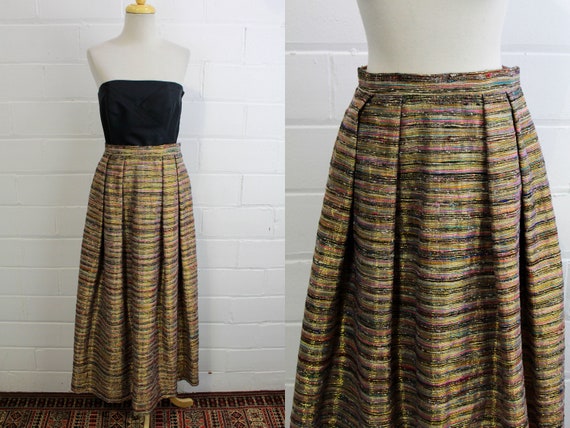 70s Metallic Stripe Maxi Skirt Waist 28 Vintage Pleated A line Women s Full Length Skirt Etsy Canada
