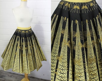 Rare 1950s Novelty Circle Skirt, Hand Painted Gold Butterfly Print Felt Full Circle Skirt, XXS Waist 22 in., JohnnyE Junior