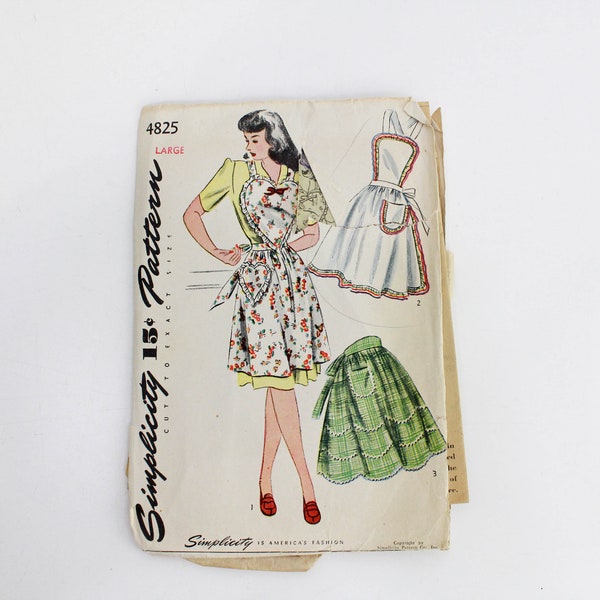 40er Jahre Schürze Schnittmuster Simplicity 4825, Großes, herzförmiges Mieder und Taschen Vintage Muster