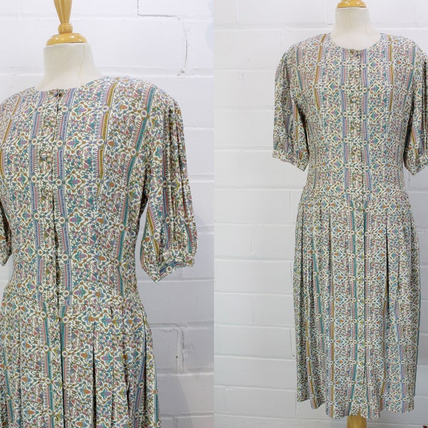 Vintage 1980s Esprit Floral Patterned Midi Dress with Puffed Sleeves, Button Down Front, 80s 90s Rayon Dress, Size Medium Bust 36"