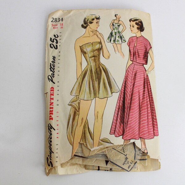 1940s Swim Suit Sewing Pattern Simplicity 2834, with Bolero, Bust 36 Vintage Sewing