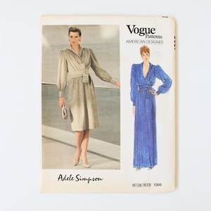 May include: Vogue Patterns American Designer Adele Simpson sewing pattern for a dress. The pattern number is 1306. The pattern shows two models wearing the dress in different colours. One model is wearing a beige dress and the other is wearing a blue dress.
