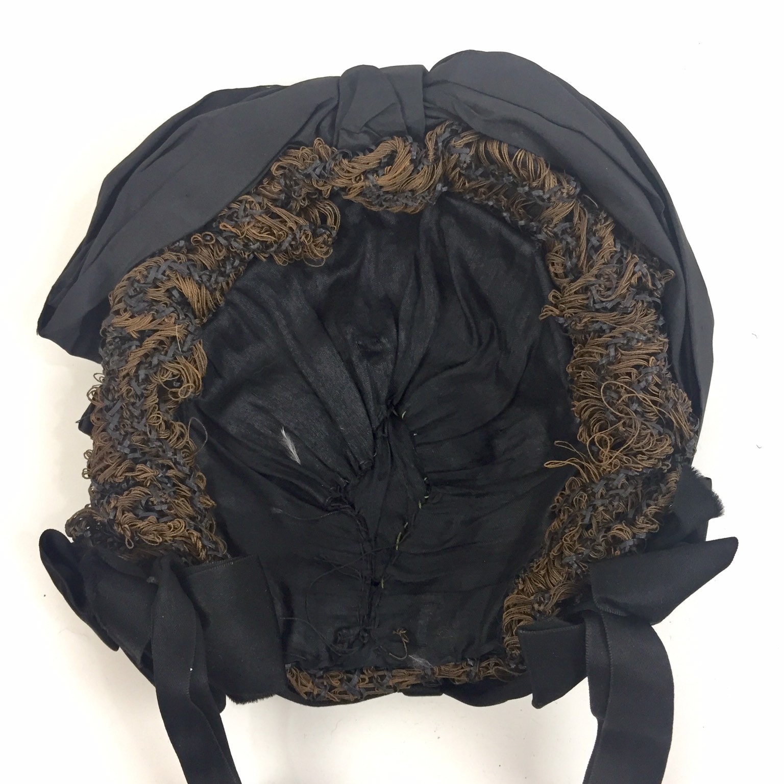 Antique Victorian Mourning Bonnet Hat Black Ribbon Lace Dark Brown Distressed Antique Victorian Black Crepe Mourning Bonnet with Ribbon  main image 4