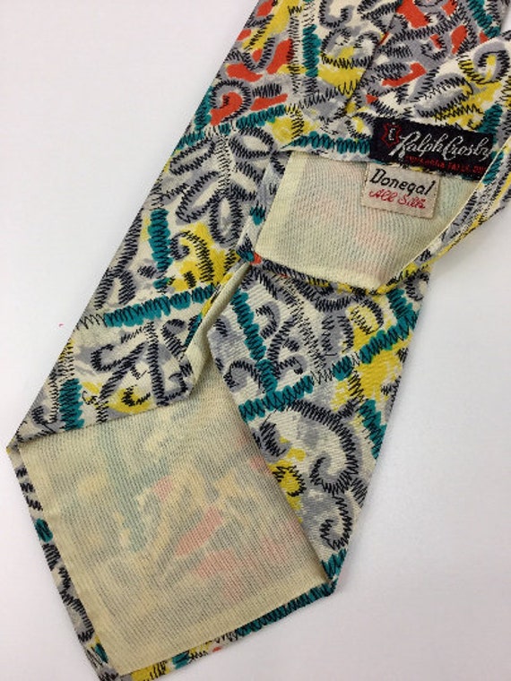 1940s Tie, Men's Wide Turquoise & Yellow Scribble… - image 8