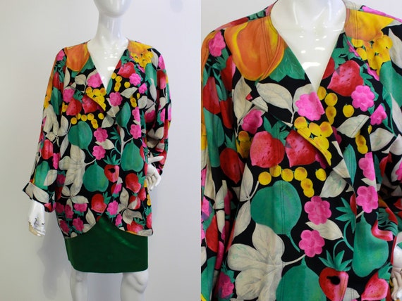 80s Silk Ungaro Fruit Print Blazer, Large, Made i… - image 1