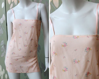 1930s Cotton Floral Print Camisole Slip, XS, Peach Pink Dainty Floral with Silk Ribbon Straps, Antique Lingerie