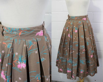 1950s Floral Pleated Skirt, Vintage Full Skirt Floral Print, Taupe Brown with Pink and Blue Flowers, XS 24 Waist