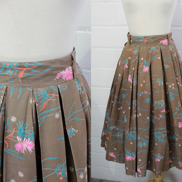 1950s Floral Pleated Skirt, Vintage Full Skirt Floral Print, Taupe Brown with Pink and Blue Flowers, XS 24 Waist