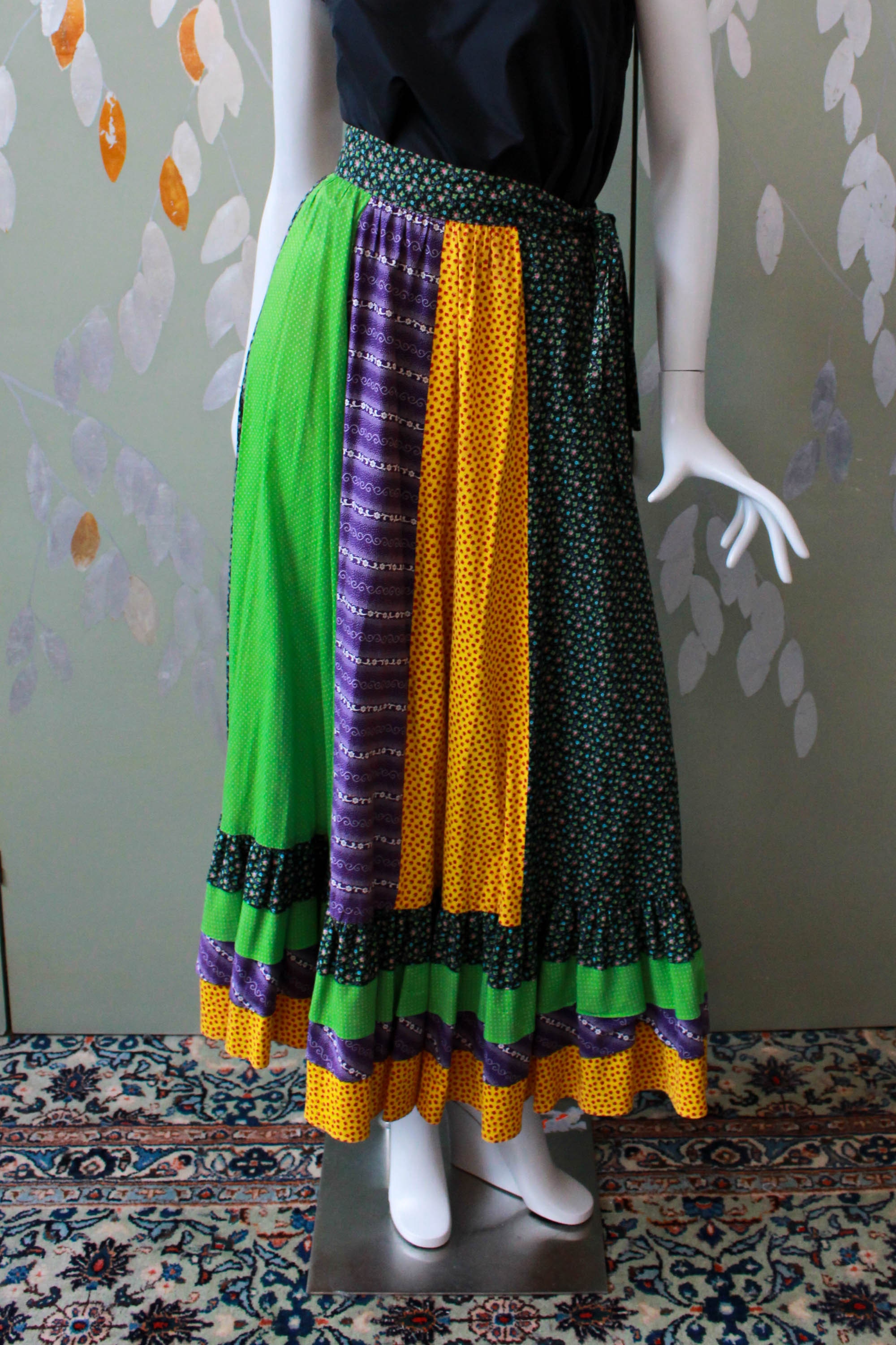 1970s Patchwork Skirt, 24 Waist, Floral Print Prairie Skirt