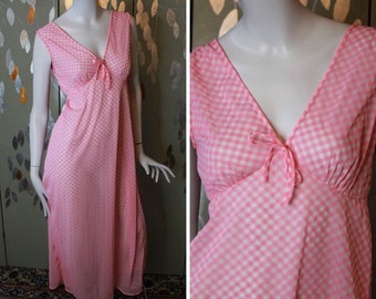 1970s Pink Gingham Night Gown, Medium, Maxi Length V Neck