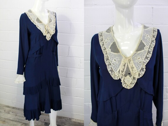 1930s Navy Blue Rayon Dress with Lace Collar and C