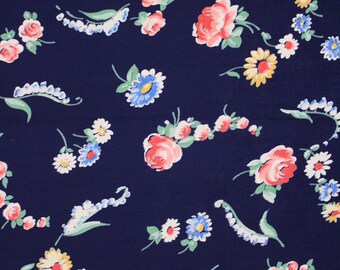 Tela de rayón azul con flores multicolores, años 40, 2,5 yardas