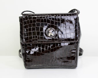 80s/90s Paloma Picasso Brown Patent Leather Croc Embossed Purse, Vintage Crossbody Purse
