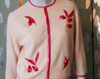 1950s Ladybug Applique Cardigan, Small, Vintage Lanvin Cashmere Cardigan Silk Lining