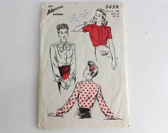 1940s Womens Blouse Sewing Pattern, Advance Pattern 3654, Vintage S12, B30", 1940s Blouse Pattern, Secretary Blouse, Gathered Yoke