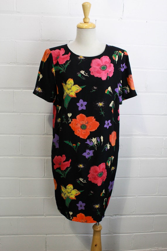 1990s Black Floral Dress, Medium, Short Sleeves, … - image 2