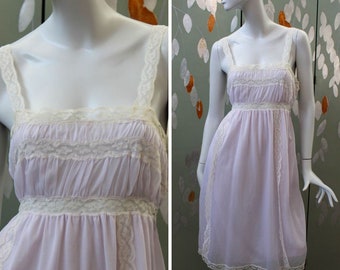 1960s Lilac Night Gown/Slip Dress, Small, White Lace Trim, Vintage Nightgown