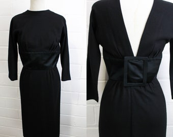 1960s Black Wiggle Dress, Small Vintage Cocktail Dress by Grenelle-Estevez with Large Belt Detail and Deep V Back