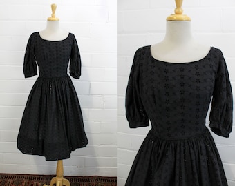 1950s Black Eyelet Dress, Puff Sleeves, Full Skirt, Small, Vintage Candy Jones California