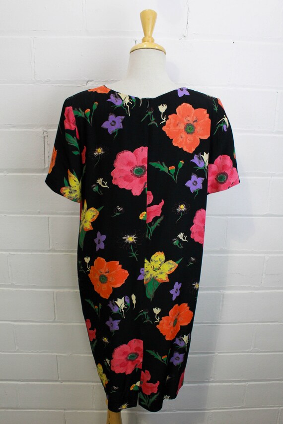 1990s Black Floral Dress, Medium, Short Sleeves, … - image 7