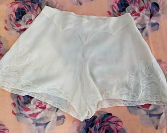 1920s Cream Silk Tap Shorts with Embroidery, Shaped Waist Yoke, Lace Insets, Size Small, Waist 26 in. Antique Lingerie Bloomers Tap Pants