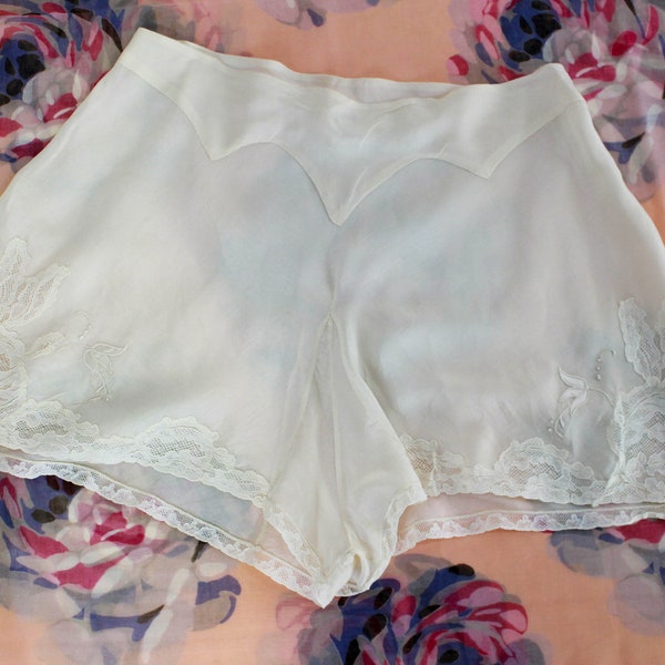 1920s Cream Silk Tap Shorts with Embroidery, Shaped Waist Yoke, Lace Insets, Size Small, Waist 26 in. Antique Lingerie Bloomers Tap Pants