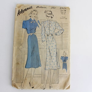 1940s Dress Sewing Pattern Advance 2024, Vintage 40s Womens Vintage Pattern, Bust 34