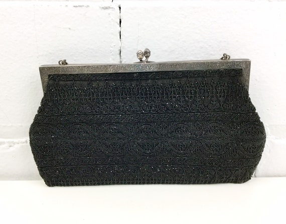 1950s Purse, Black Glass Beaded Evening Bag with … - image 4