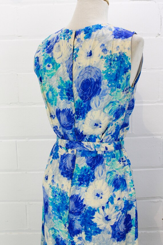 60s Silk Dress Blue Floral Print, 1960s Vintage P… - image 9