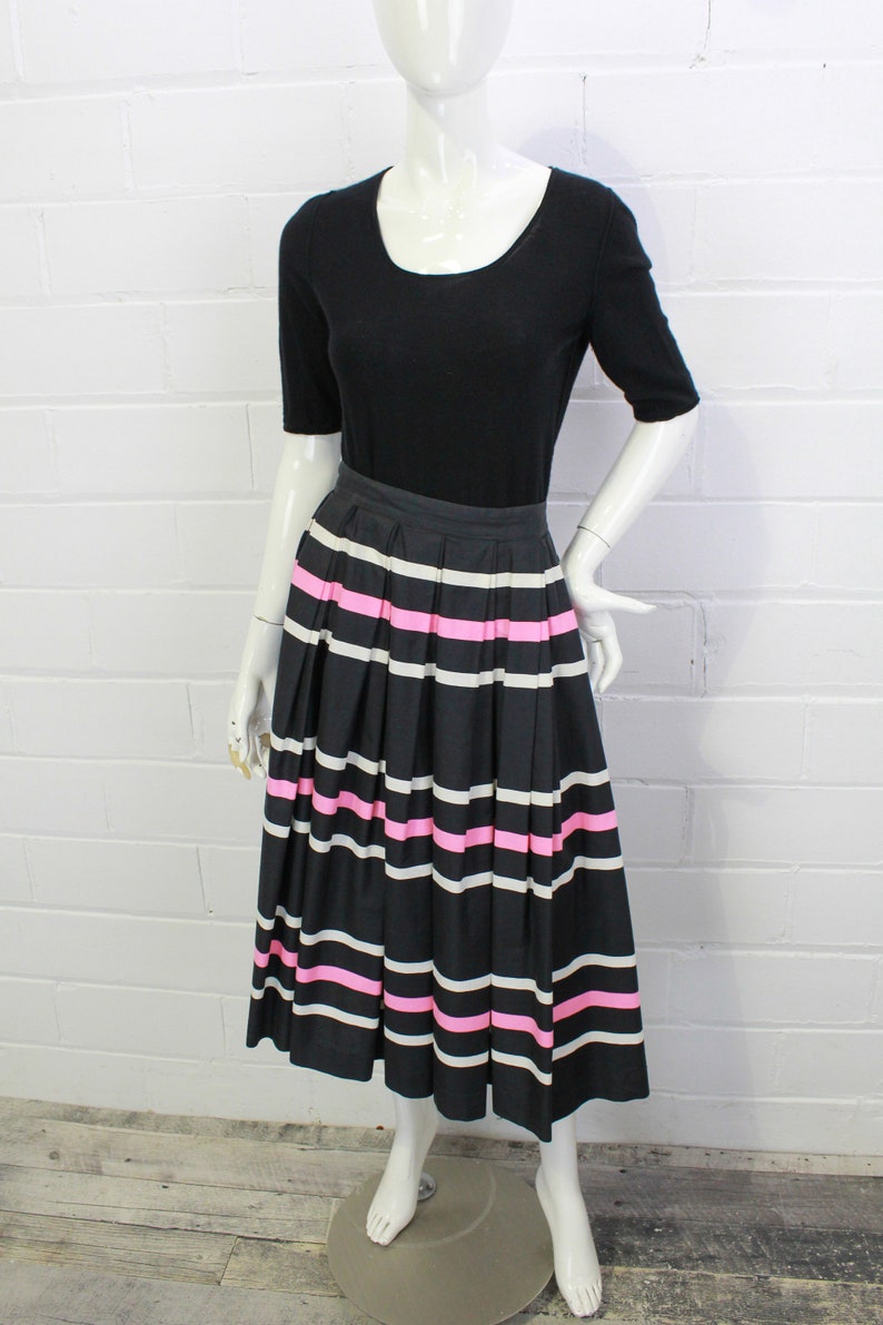 Vintage A-line Pleated Full Skirt 1950s Novelty Skirt Black and Pink Stripes Waist 25 in. Miss Sun Valley