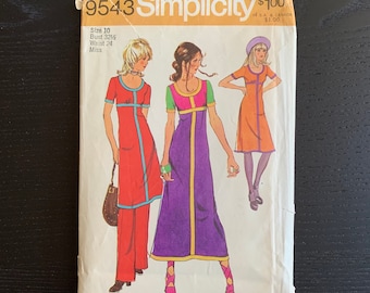 1970s Simplicity Sewing Pattern 9543, Womens Tunic Dress and Pants, Incomplete back and front facings missing Size 10 Bust 32.5"