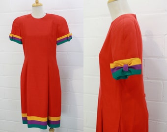 Vintage 1980s Albert Nippon Red Silk Dress with Striped Bow Sleeve and Hem, Size Small, Bust 34"
