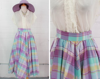 Jupe à carreaux lilas des années 1980, taille 26", jupe de cercle complet de style vintage des années 50 fabriquée au Royaume-Uni