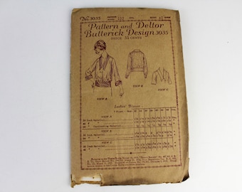 Late 1910s Blouse Sewing Pattern Butterick 3035, Antique Edwardian/Late Teens Sewing Pattern, Collared Blouse, Complete, Factory Folds