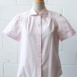 Pink Puff Sleeve Blouse, S/M, Crisp Cotton Button Up Collared Short Sleeve Shirt