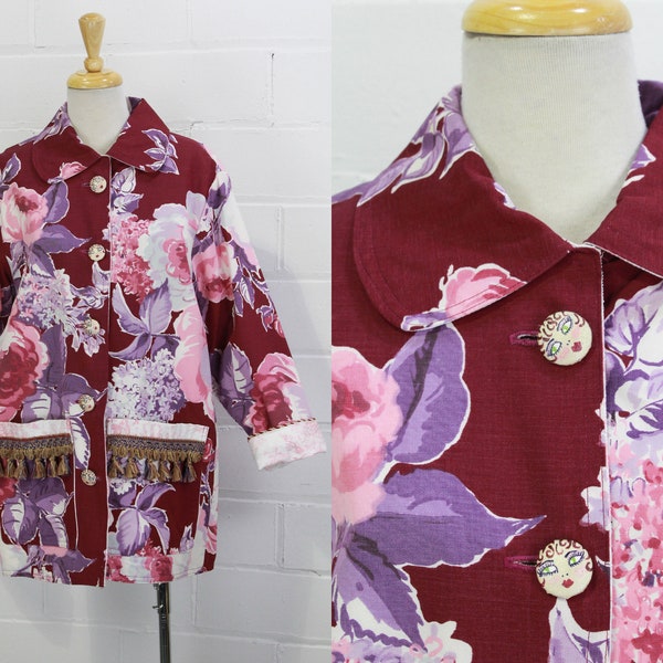 vintage Upcycled Purple Floral Print Jacket, Medium, One of a Kind, Patch Pockets, Tassel Trim, Hand Painted Face Buttons