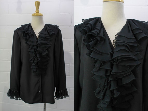 Vintage 1980s Black Double Ruffle Collared Blouse,