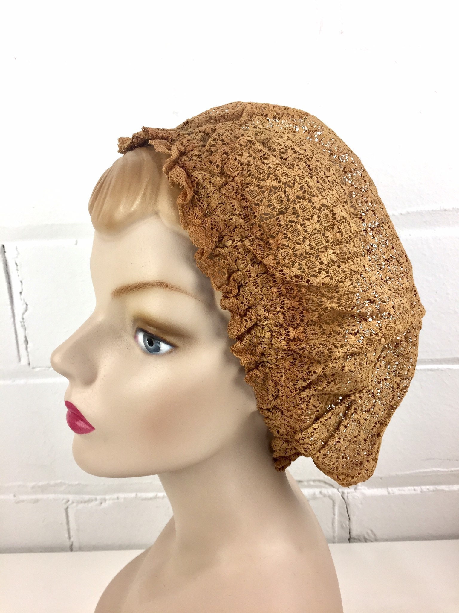 Edwardian 1920s Brown Cotton Lace Boudoir Cap or Night Cap