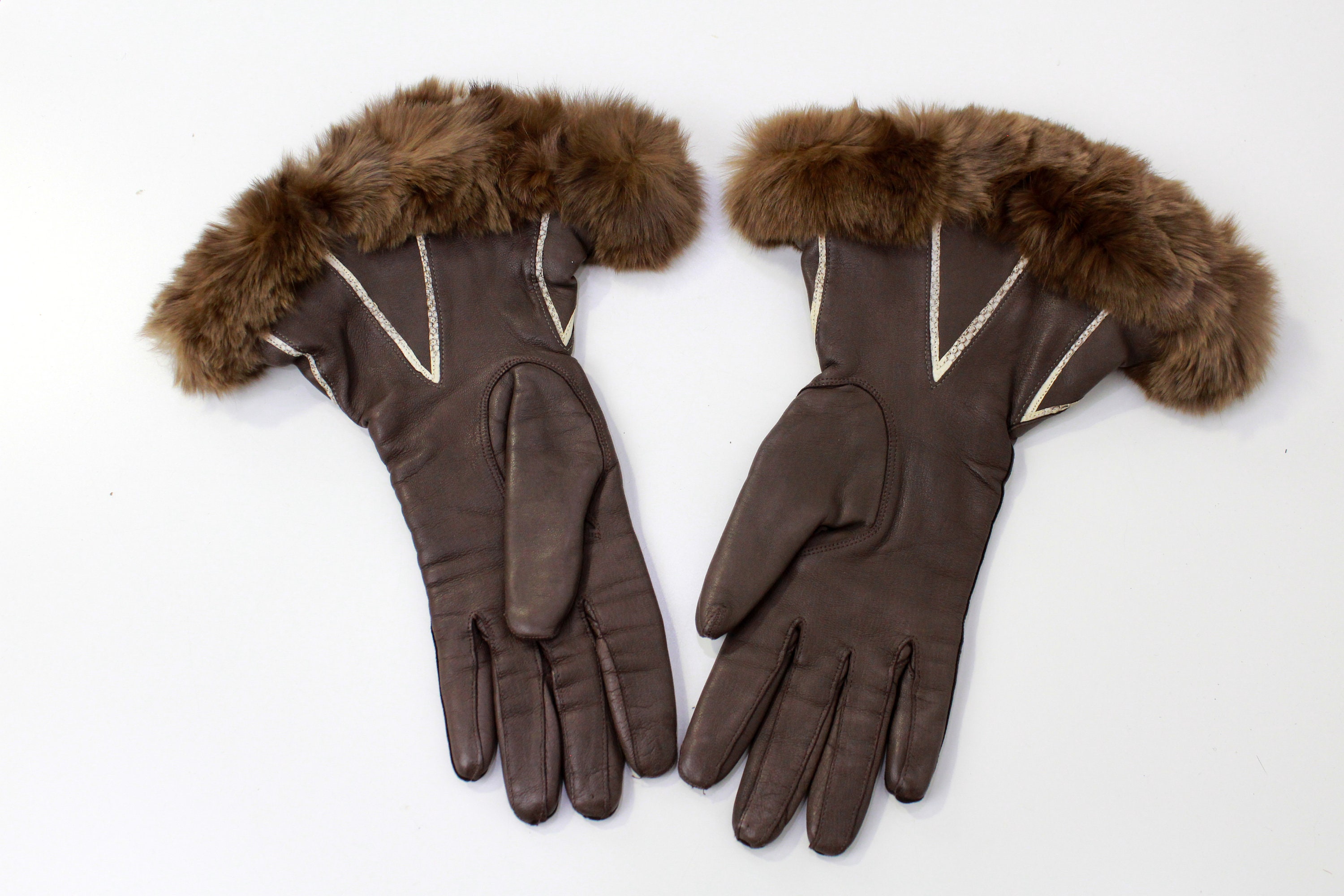 Vintage Fur Trim Leather Gloves Wool Lining Women's Etsy