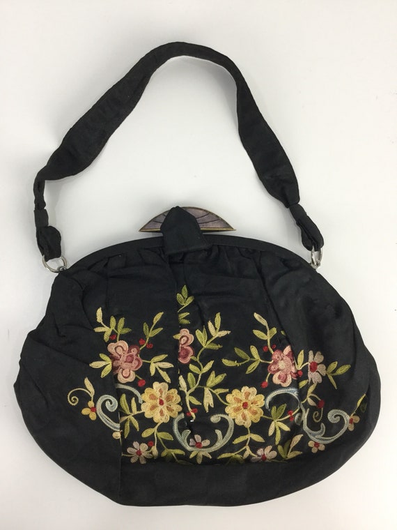 1920s Purse, Antique Embroidered Black Floral Satin Purse with Art Deco Guilloche Enamel Clasp, Top Handle Evening Bag, Flapper Accessories