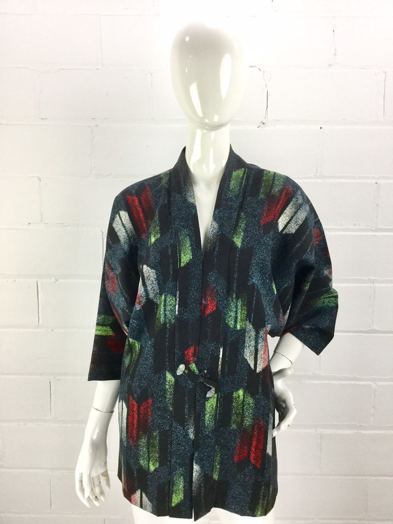 1980s Black Red Green Abstract Print Japanese Cardigan with Tie Front Beautiful Painterly Print Vintage 80s Haori Lined Kimono Jacket