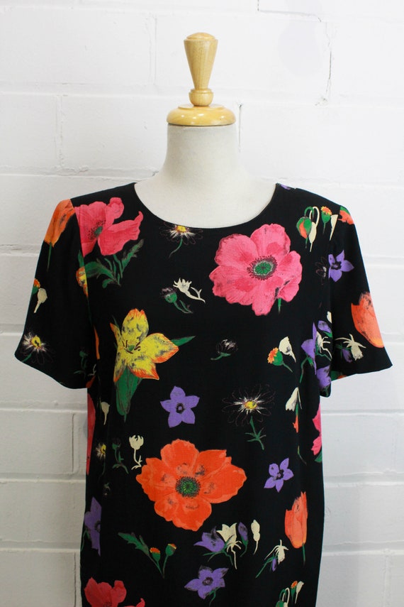 1990s Black Floral Dress, Medium, Short Sleeves, … - image 3