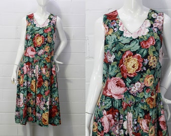 90er Jahre Blumen Baumwollkleid, Medium, Vintage 1990er Jahre Ärmellos und Offener Rücken, Geraffter Rock, Kleid mit Taschen