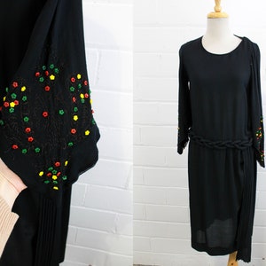 1920s Black Silk Dress, Small, Beaded Flare Sleeves, Art Deco Drop Waist Braided Detail Crepe Dress