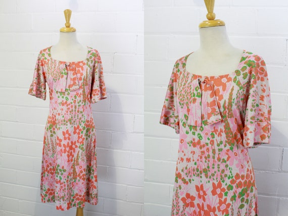 Vintage 1980s Peach Pink Floral Cotton Knit Dress,