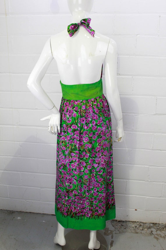 1970s Silk Maxi Dress Green and Purple Floral Pri… - image 5