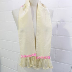 Antique Silk Sash Belt/Scarf with Appliquéd Embroidered Pink Flowers Cherry Blossoms, Pleated Ruffle Ends, 1890s/Early 1900s
