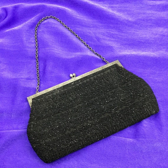 1950s Purse, Black Glass Beaded Evening Bag with … - image 2