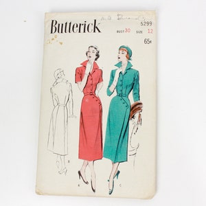 1950s One-Piece Dress with Button Detail Sewing Pattern Butterick 5299, Vintage Sewing Pattern, Complete, Bust 30 in.